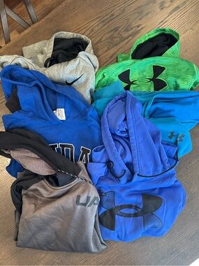 6 Hoodie Under Armour, Nike & Addias Youth Hoodie Bundle - Blue, Green, Gray